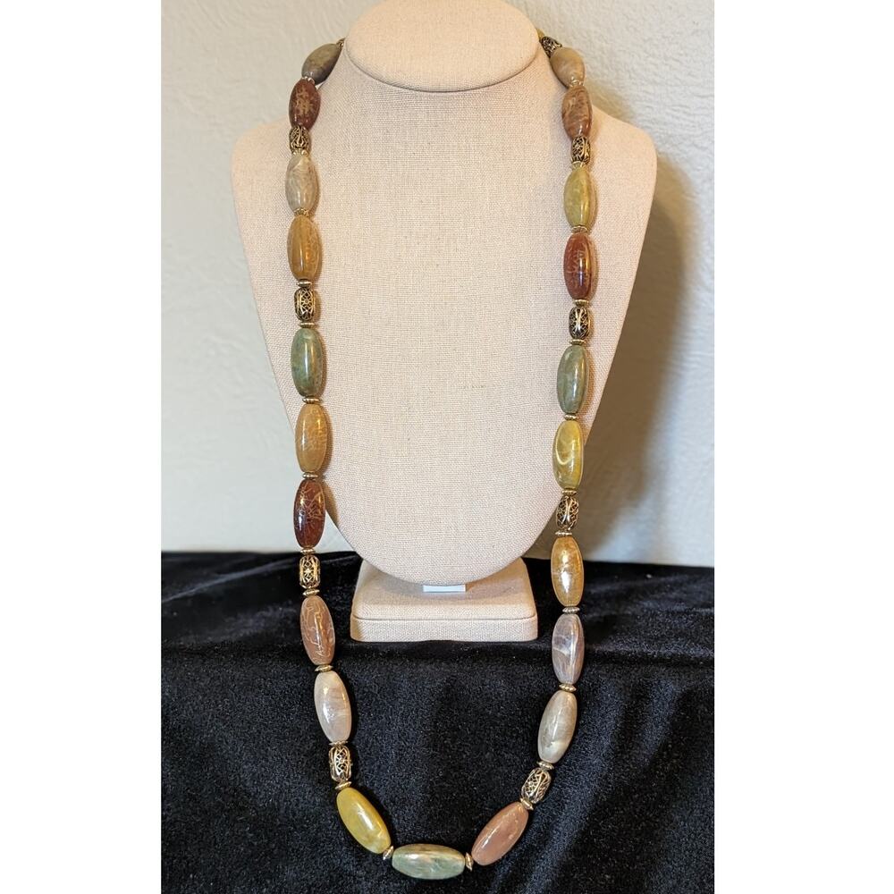 Vintage Earthtone Elongated Acrylic Bead Filigree Spacer Bead 34" Necklace